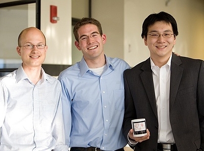 Right to left: Nan Gu poses with two members of the PCMR steering committee, Brian Walker and Teppo Jouttenus. Leslie Rogers (not pictured) was the principal organizer of the closing ceremonies.