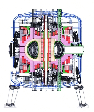 Internal cutaway view of the reactor, showing the donut-shaped cavity that houses the hot plasma where fusion will take place.