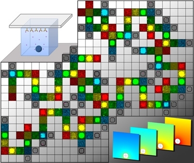 In this image, each block represents a single cell. Each cell’s type can be distinguished, and its cytokine secretion can be measured. (The image is a composite of actual data and computational models.)