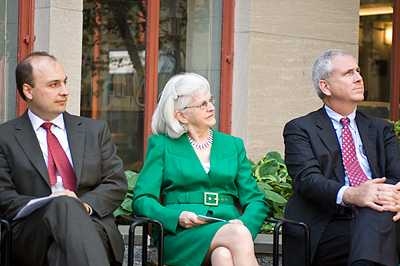 From left to right, Associate Professor of Electrical Engineering Vladimir Bulovic, MIT Executive Vice President and Treasurer Theresa M. Stone, and Joseph R. Nolan Jr., NSTAR Senior Vice President of Customer and Corporate Relations at Wednesday's press conference. 