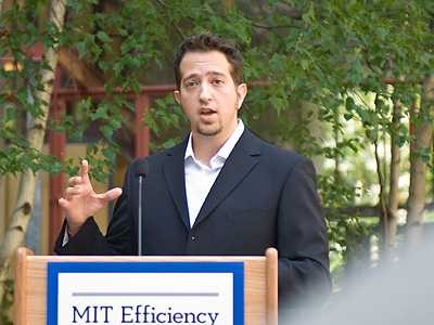 Jason Jay, a doctoral student in the MIT Sloan School of Management and who has been a member of the MIT Campus Energy Task Force for three years, speaks at Wednesday's press conference.