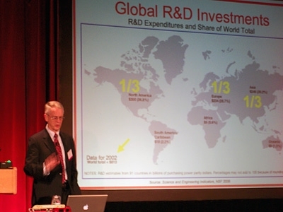 National Academy of Engineering President and MIT President Emeritus Charles Vest discusses the global distribution of R&D spending during his keynote presentation at the LINC 2010 Conference.