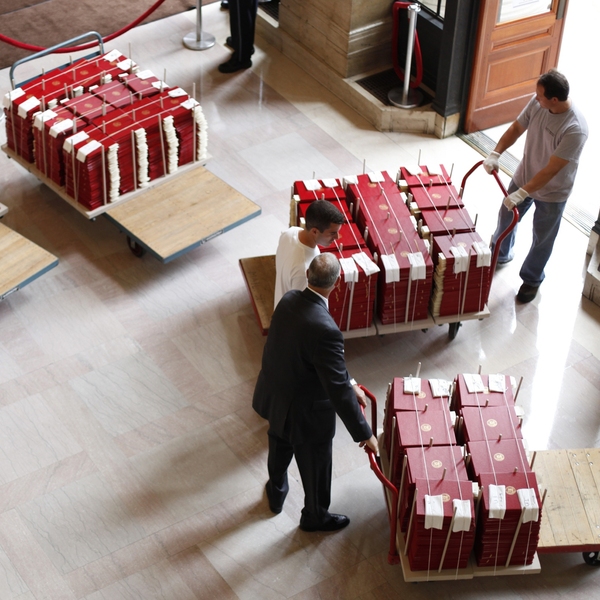 The diplomas are delivered to Killian Court prior to the ceremony.