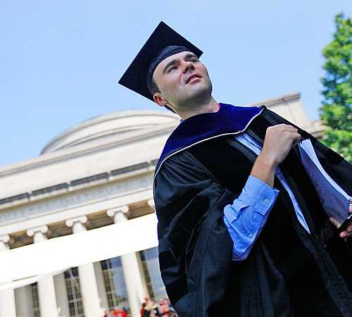 Conor Walsh, who received a PhD in mechanical engineering, gets ready for the Commencement exercises in Killian Court on Friday, June 4.
