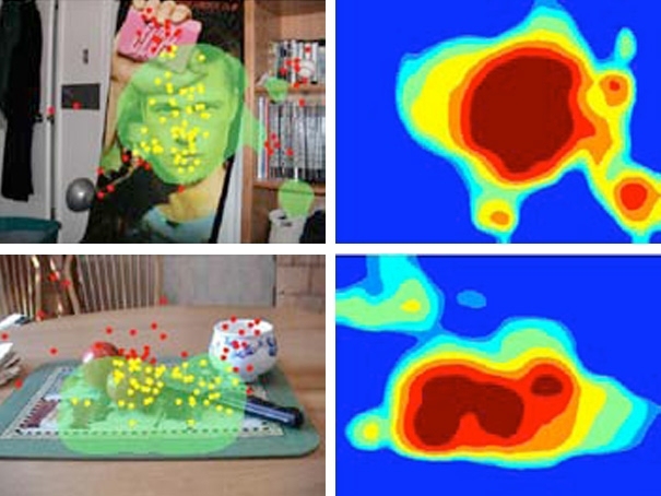 A new computational model of how the primate brain recognizes objects creates a map of “interesting” features (right) for a given image. The model’s predictions of which parts of the image will attract a viewer’s attention (green clouds, left) accord well with experimental data (yellow and red dots).