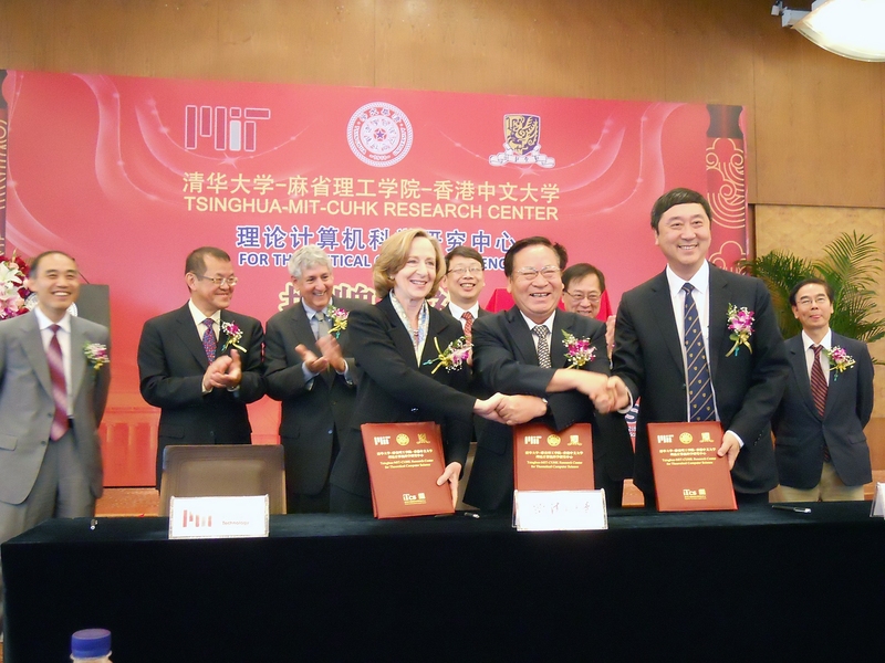 President Hockfield participates in a signing ceremony for an agreement to create the Tsinghua-MIT-Chinese University of Hong Kong (CUHK) Joint Center for Theoretical Computer Science, on Monday, June 21. Standing next to President Hockfield, from left, are Tsinghua University President Binglin Gu and CUHK Vice Chancellor Designate Joseph JY Sung. Standing behind President Hockfield are, from righ...