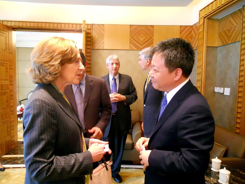 In foreground, President Susan Hockfield speaks with Shen Xiaomin, vice mayor of Shanghai, during a meeting on Wednesday, June 23, in Shanghai.