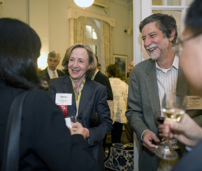 President Hockfield and Charles Sodini, the Clarence J. Lebel Professor of Electrical Engineering, talk to alumni at the MIT Club of Hong Kong event on Thursday, June 24.