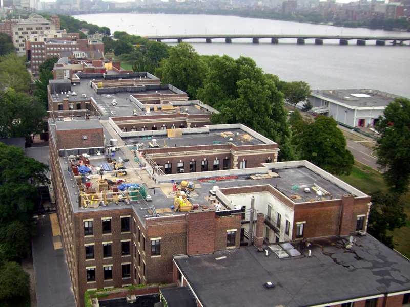 While the view was spectacular, the crews focused on improving rooftop waterproofing on Burton-Conner. Extension of the rubber roofing over the parapet will eliminate recurring leakage and water damage as well as adherence to building codes for seismic safety.