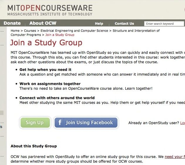A screenshot of study group page on MIT OpenCourseWare.