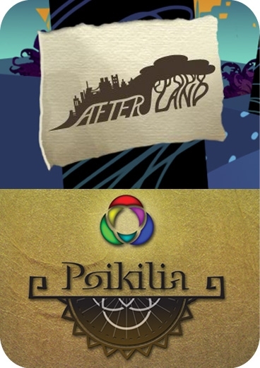 The "Afterland" game signage shows "Afterland" on beige rectangle in front of blue and teal landscape. Below that, The "Poikilia" game signage shows "Poikilia" in dark brown text atop beige backdrop.