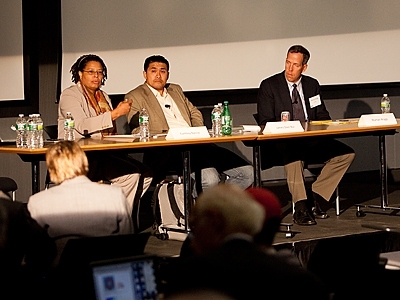 At the MIT symposium, panel members Earthea Nance from the University of New Orleans, left, James Dien Bui, a Gulf Coast Fellow with Mary Queen of Viet Nam Community Development Corporation, and Wyman Briggs of the U.S. Coast Guard discuss the impact of the spill on the people, the economy and the wildlife of the Gulf coast.