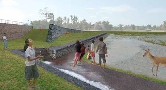 The entry from the student architecture team proposed a new zero-energy campus for the Jay Pritzker Academy in rural Siem Reap, Cambodia. Pictured here: low flood stage at gabion retaining walls.