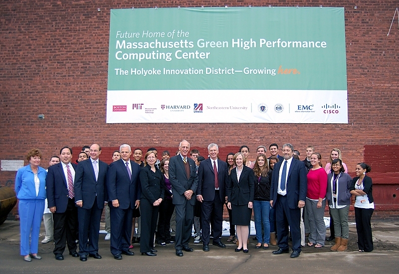 Leaders from government, academia and industry attend a groundbreaking ceremony on Tuesday, Oct. 5, in Holyoke, Mass., for the Massachusetts Green High Performance Computing Center.