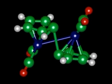 A molecule of fulvalene diruthenium, seen in diagram, changes its configuration when it absorbs heat, and later releases heat when it snaps back to its original shape.