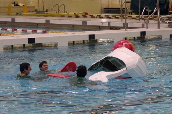 Cardboard vs. water. The Viking-inspired “Osokkvandi Ond" made it around the buoy before slowly sinking and leaving behind a ship-wrecked crew — who looked to be still having fun.
