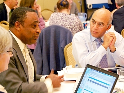 Cecilia d’Oliveira, executive director of MIT’s OpenCourseWare; Hérissé Guirand, professor at the Université d’Etat d’Haiti; and Vijay Kumar, director of OEIT and co-chair of the symposium, discuss how MIT’s expertise with technology-based education can transform Haiti’s higher education system.