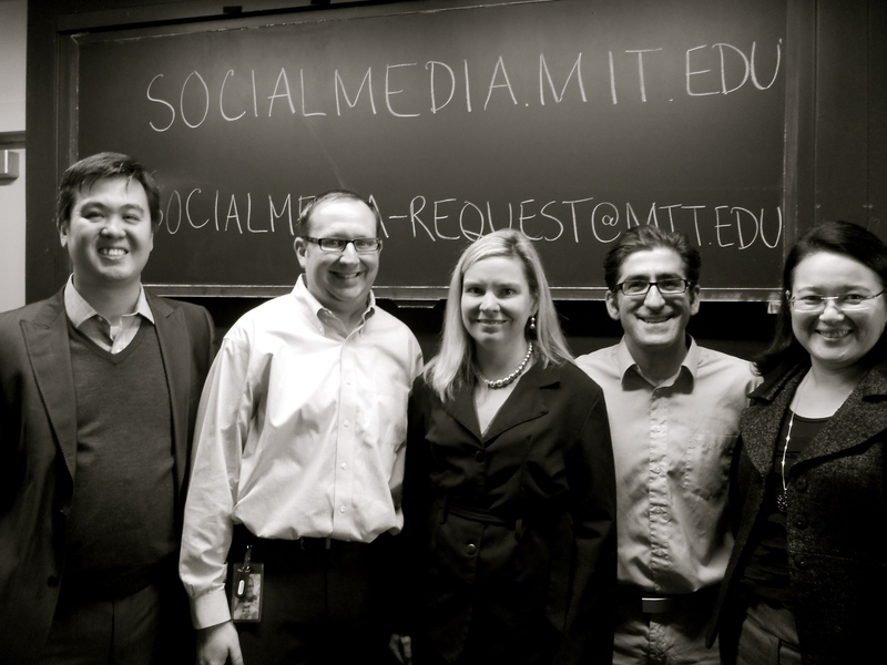 SDM Fellows Azamat Abdymomunov, Rafael Maranon and Leyla Abdimomunova with Google's Jeff Moore and MIT's Nancy Richmond, center, at the social media workshop co-sponsored by MIT's System Design and Management Program and the MIT Social Media Club. Maranon and Abdymomunov co-founded the MIT Social Media Club.