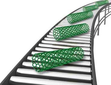 Illustration of a production line with several green carbon nanotubes on it