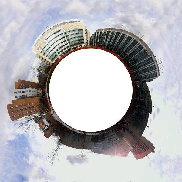 This stereograhic panorama gives a 360-degree view from the center of the North Courtyard.
“It really has no back door,” Facilities Senior Project Manager James May said of the new facility, which features four ground-level entrances that link the building to the MIT campus and Kendall Square.
