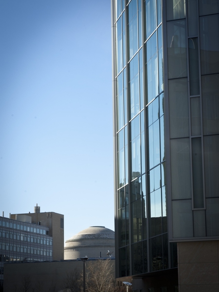 Despite proposals to position Building 76 at the exact corner of Main and Ames streets, the building’s architect “was adamant that we preserve the view of the dome because it’s something that everyone recognizes as a part of MIT,” says May. As a result, the building is located several yards from the intersection.
This image also shows one of the building’s glass stairwells that is meant...