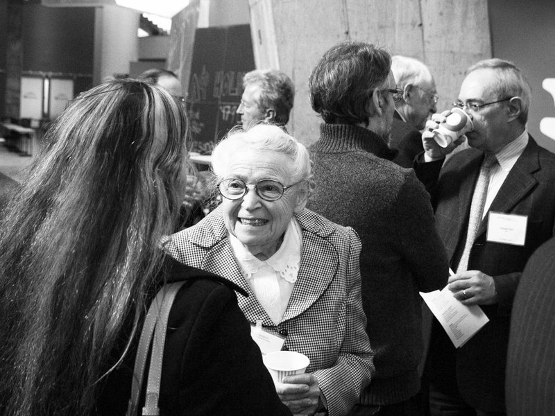 Dresselhaus mingles with friends and colleagues who gathered for the symposium.