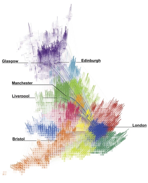 This diagram depicts the 80 percent of connections in the researchers’ study with the highest volume of information exchange. Although London has some strong connections to regions as far away as Scotland, the overwhelming majority of strong connections are between neighboring regions.