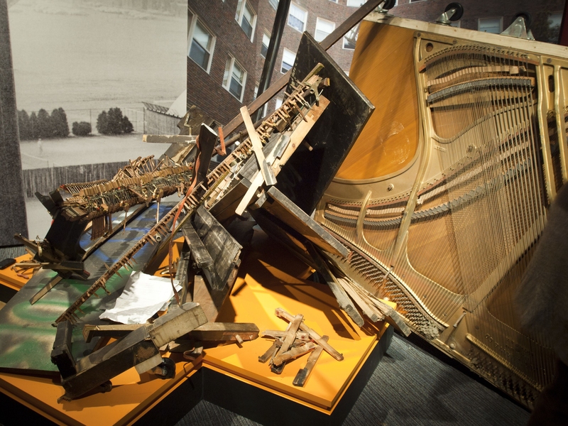 The Baker House piano drop, which began as a hack in 1972 and turned into a quirky dormitory tradition, was the most popular item on the MIT 150 exhibition nomination website. This shattered piano is from the most recent drop.