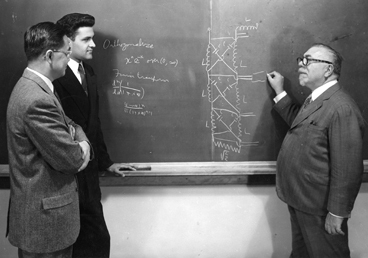 Wiener with two of his proteges: Yuk Wing Lee, left, who did much to make the difficult mathematics of Wiener's pioneering work accessible to a broader audience, and Amar Bose, who went on to a long tenure as an MIT professor — and, incidentally, founded the Bose Corporation.