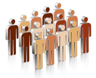 Fifteen stick figures with various skin tones