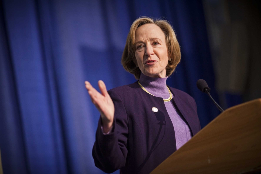 MIT President Susan Hockfield introduced Martin, noting how she looked forward each year to the breakfast for the "sense of community and shared purpose."