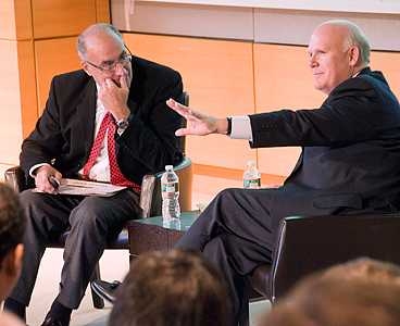 MIT Entrepreneurship Center Senior Lecturer Howard Anderson, left, talks with General Motors Company Chairman and CEO Dan Akerson.