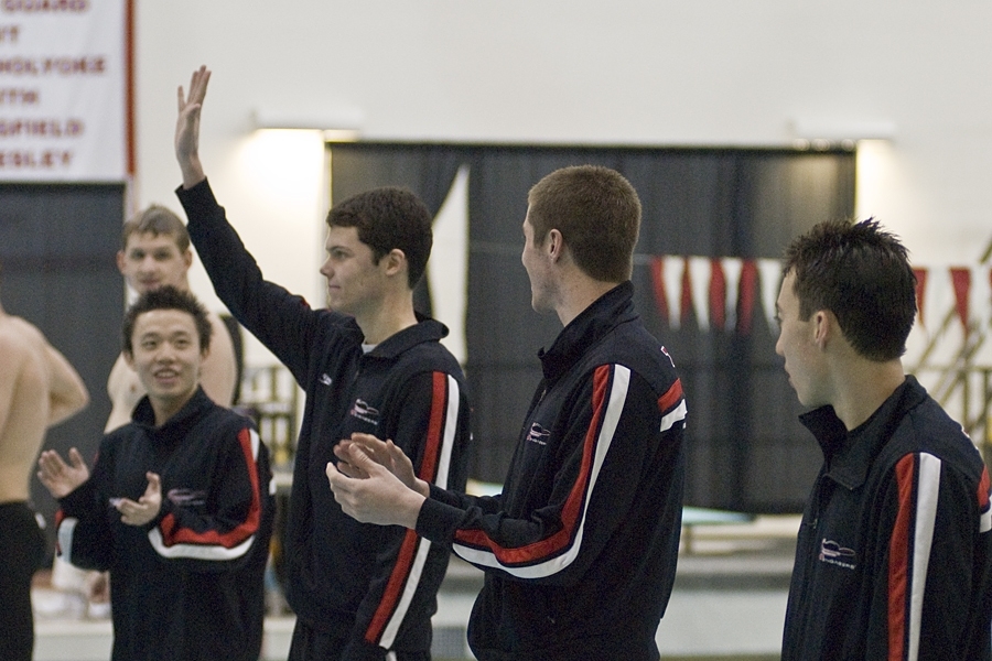 Jeffrey Lin '14, Brendan Deveney '13, Tim Stumbaugh '12, and Remy Mock '14 after going 1-2-3-4 in the 400 individual medley. Deveney set a NEWMAC meet record in this race.
