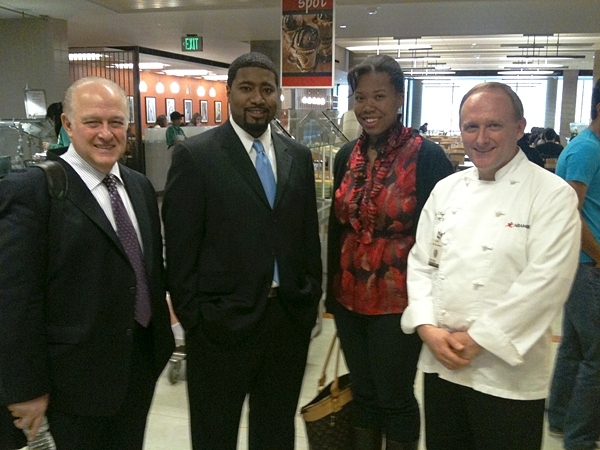 From left, MIT Dean for Student Life Chris Colombo, Aramark Resident District Manager Ronald Guillory, MIT senior Christina Johnson and Aramark Executive Chef Michael Gueiss tour the Johns Hopkins University dining hall in Baltimore.