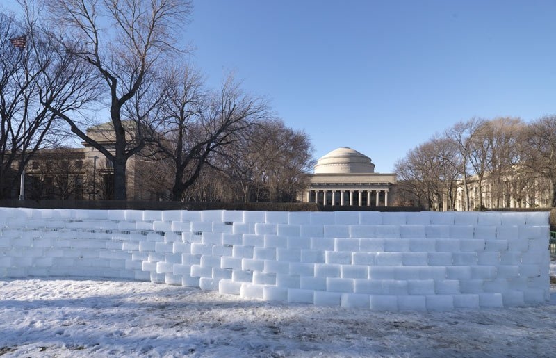 Icewall in Killian Court, one of more than 20 installations by MIT faculty and students that are part of MIT 150/FAST, the festival of art, science and technology.