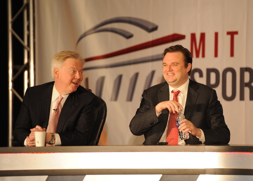 MIT Sloan School of Management Dean David Schmittlein, left, and Houston Rockets General Manager Daryl Morey SM ‘00 share a laugh at the start of the conference.