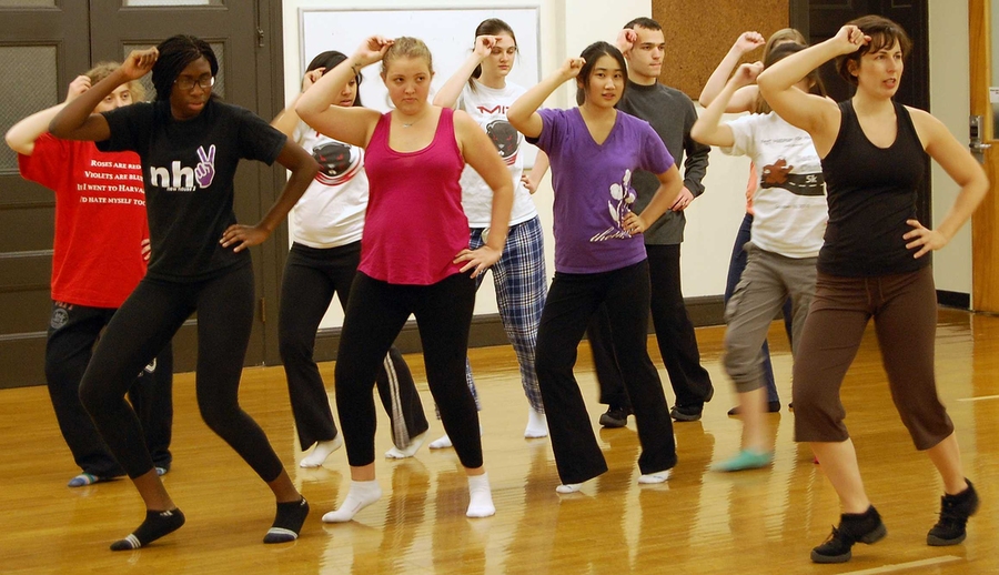 Jazz instructor Kristin Gallas teaches students the choreography from the musical, "A Chorus Line."