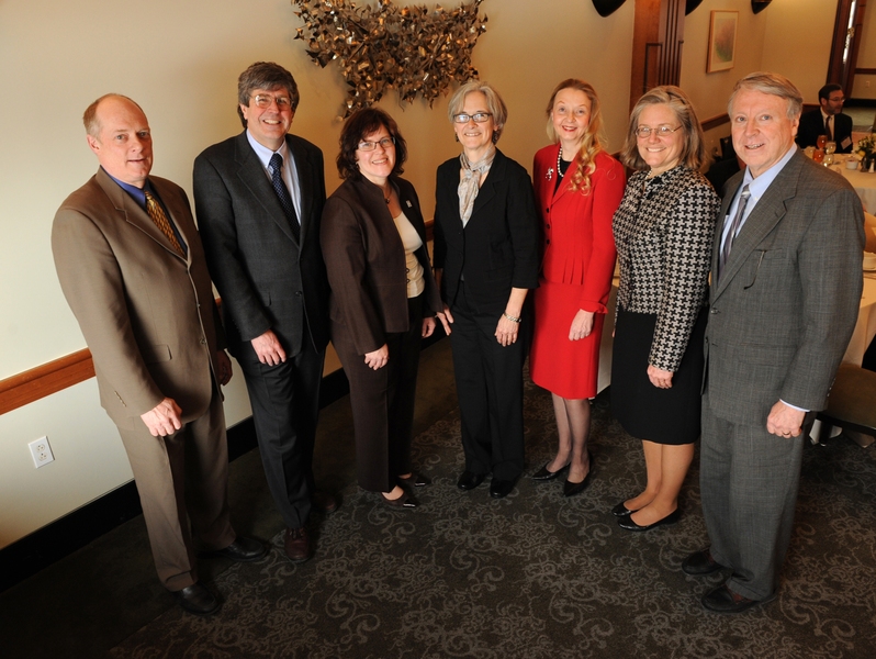 From left to right, Timothy M. Swager, John D. MacArthur Professor of Chemistry; Klavs F. Jensen, professor of materials science and engineering, Warren K. Lewis Professor of Chemical Engineering and head of the Department of Chemical Engineering; Theresa Kotanchek; vice president, sustainable technologies and innovation sourcing, The Dow Chemical Company; Cecilia D'Oliveira, executive director of...