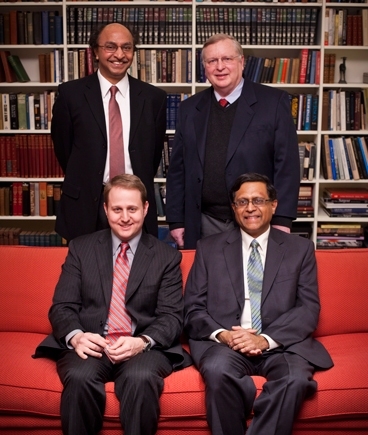 The four MacVicar fellows for 2011 were honored at a reception at Gray House on March 8. Top row: Bishwapriya (Bish) Sanyal, left, and Patrick Winston. Bottom row: Christopher Schuh, left, and George Verghese.