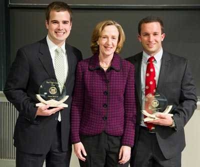 MIT President Susan Hockfield and 2010 Karl Taylor Compton Prize winners Michael Bennie '10, left, and graduate student Kevin McComber. 