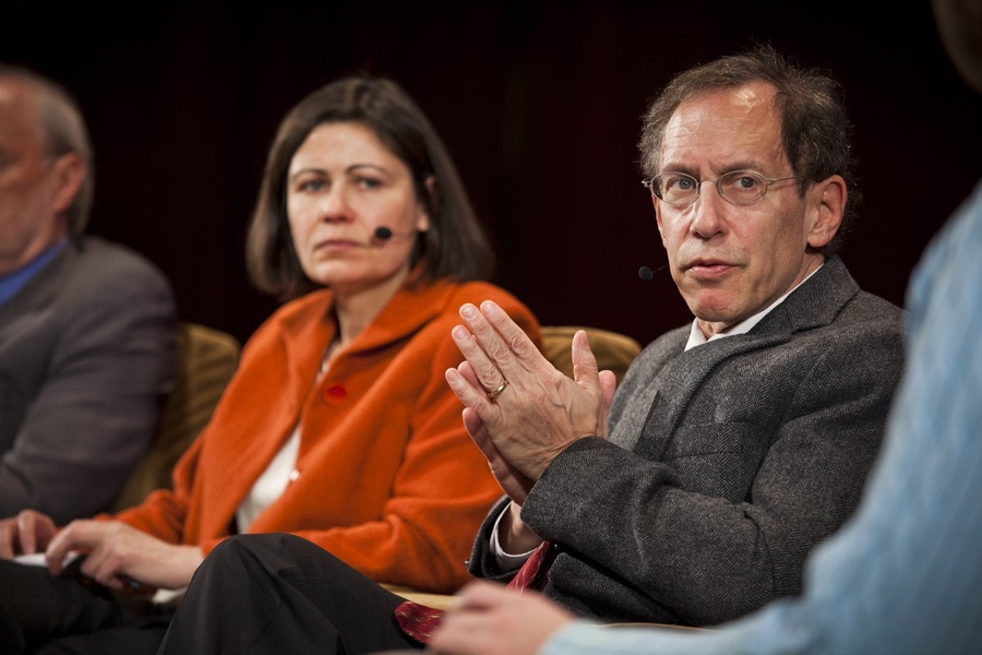 Jacqueline Lees, associate director of the Koch Institute, left, and Institute Professor Robert Langer participate in a panel discussion during the symposium.