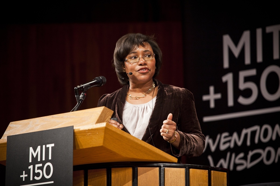 Paula Hammond, the Bayer Chair Professor of Chemical Engineering and member of the Koch Institute, speaks during one of the sessions of Wednesday's symposium.