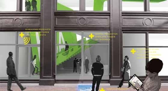 The design introduces a 'cloud' ceiling that capitalizes on the viewing angles between the sidewalk and the second floor, to create a highly visible signature feature that doubles as gallery ceiling and supergraphic signage.