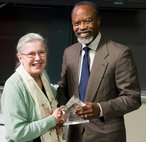 Professor Phil Clay presents the 2010 James N. Murphy Award to Priscilla Cobb, Senior Administrative Assistant in the MIT Music and Theater Arts Office.