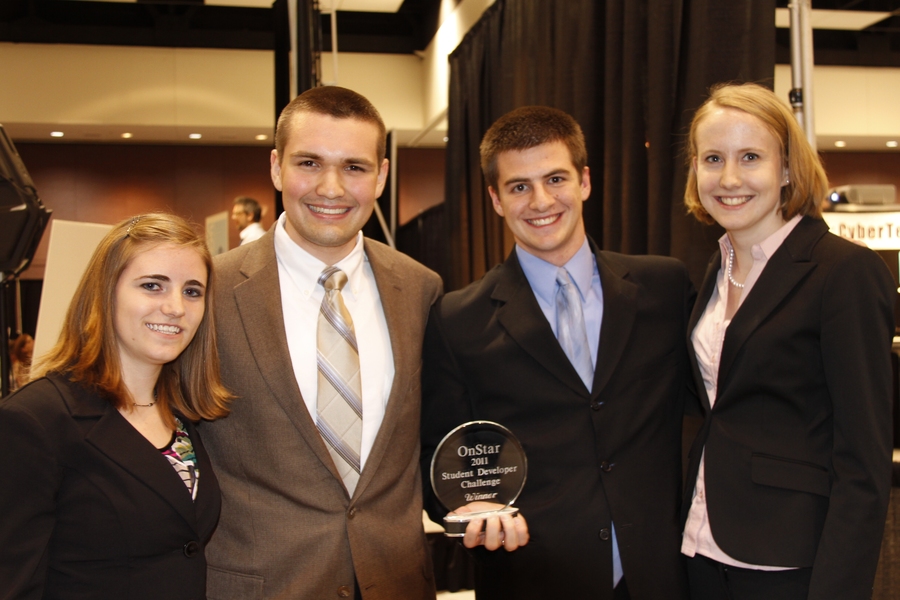 MIT sophomores and OnStar Developer Challenge winners, from left, Marie Burkland, Drew Dennison, Isaac Evans, and Sarah Sprague