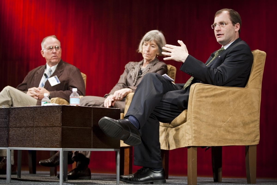 David Mindell, right, the Frances and David Dibner Professor of the History of Engineering and Manufacturing, speaks about the history of exploration. Stephen J. Pyne, Regents’ professor at Arizona State University, and Rosalind Williams, Bern Dibner Professor of the History of Science and Technology, look on.