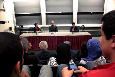 The forum on Egypt's democracy movement featured remarks by, from left, Mona Mowafi, of the Harvard School of Public Health; Aly Eltayeb, a PhD candidate in chemical engineering at MIT, as moderator; and activist Wael Ghonim.