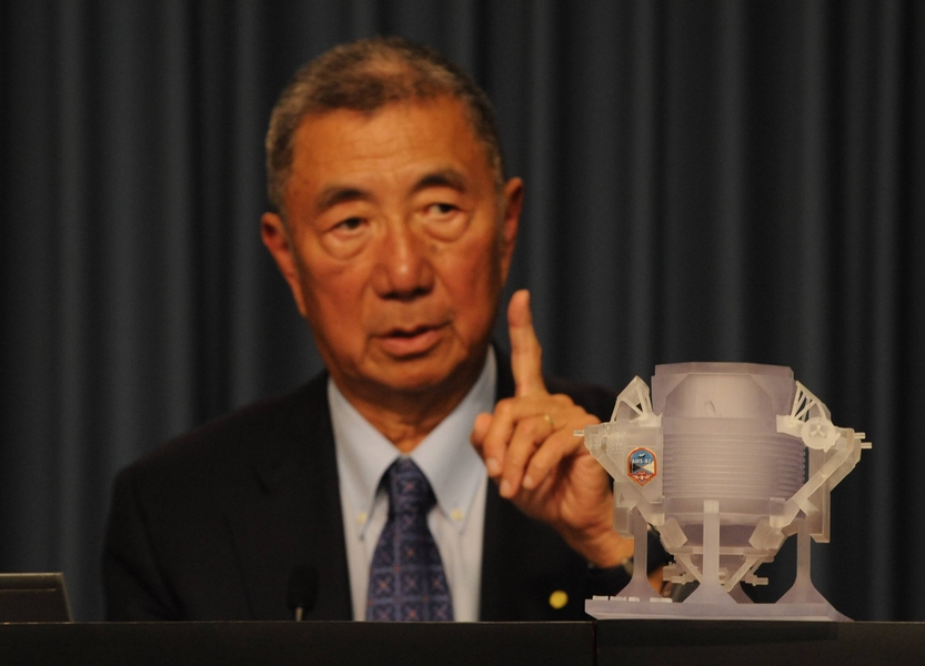 Sam Ting, with a model of the Alpha Magnetic Spectrometer.
