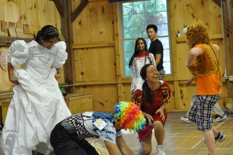Juniors Anjali Thakkar and Lily Xu join their campers and get silly during the drama station.