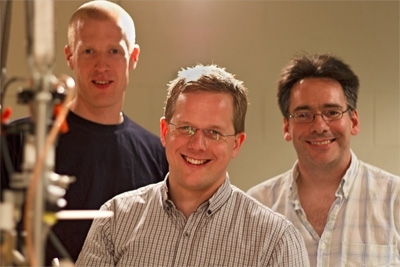 The MIT researchers who helped lead the project, from left: Research Laboratory of Electronics postdocs Simon Gustavsson and Jonas Bylander and Lincoln Lab's William Oliver.